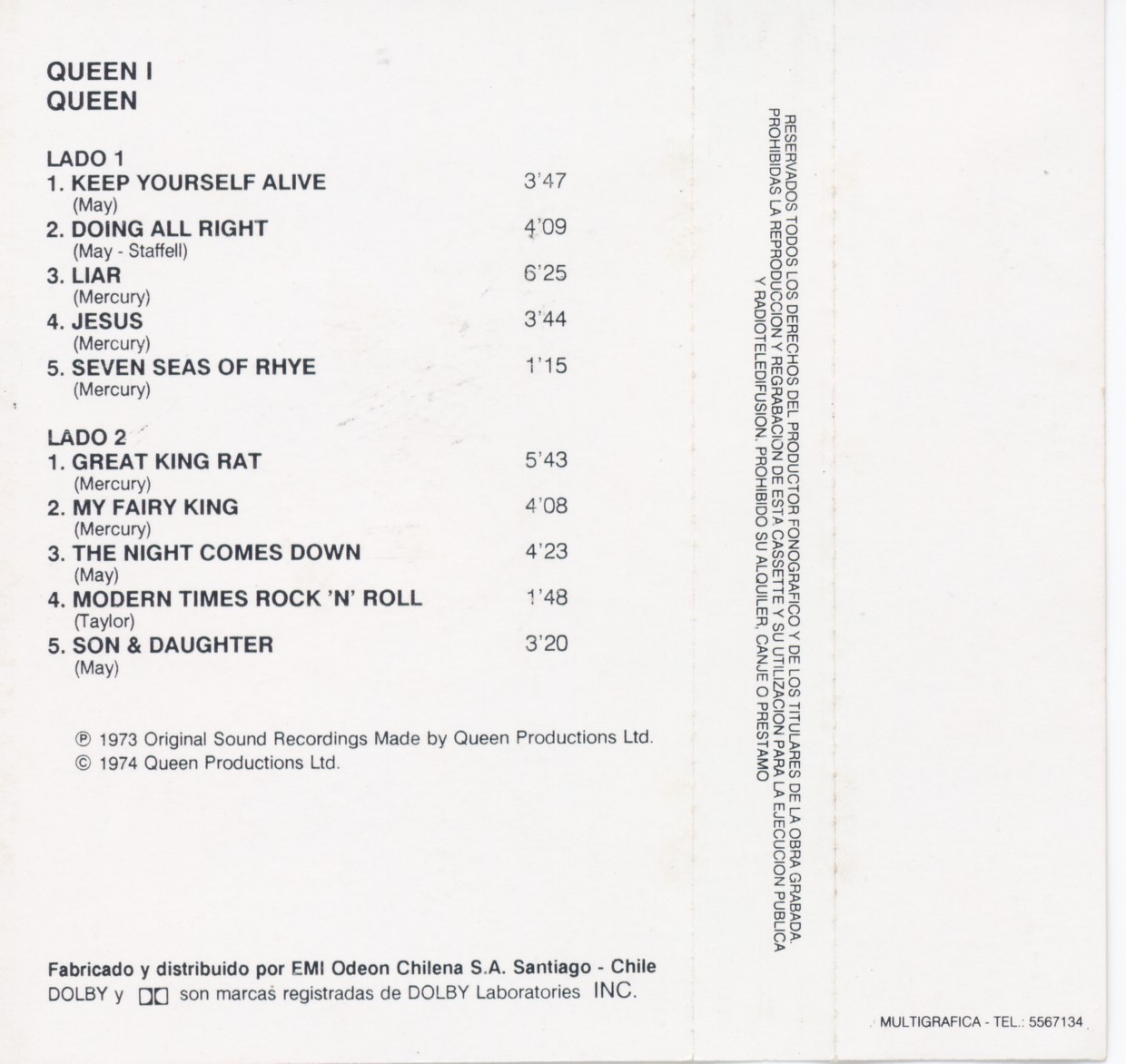 Queen I cassette cover back