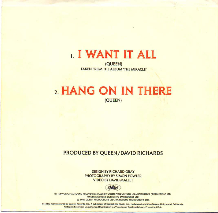I Want It All (7 inch USA Capitol Single - Back cover)