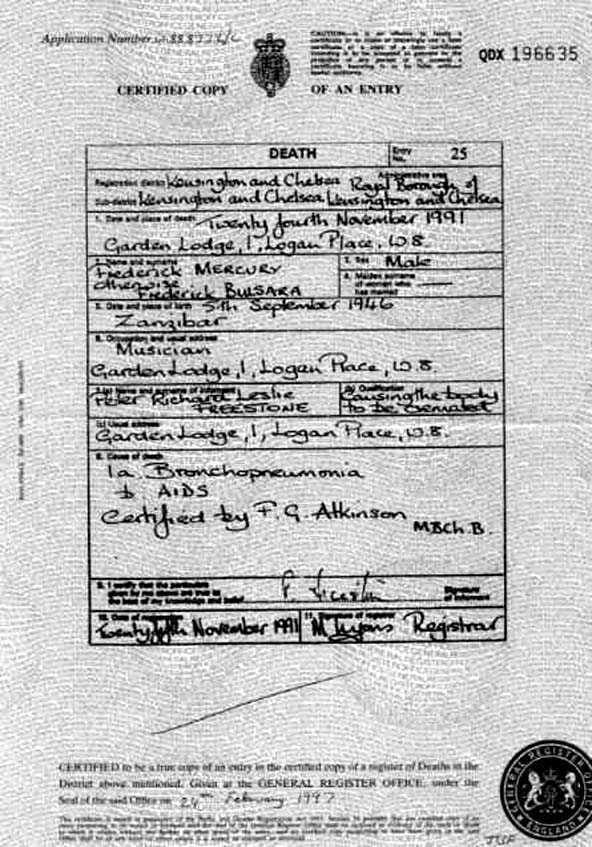 Death certificate of Freddie