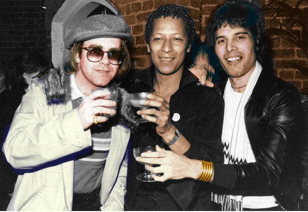 Elton John, Peter Straker and Freddie Mercury (coloured from b/w)