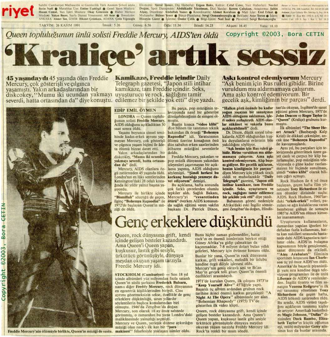 Queen and Freddie News in Turkish Press (1991)