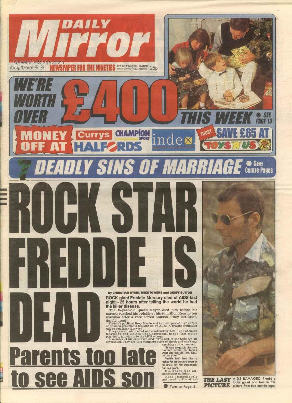 Daily Mirror - "Rock Star Freddie Is Dead"