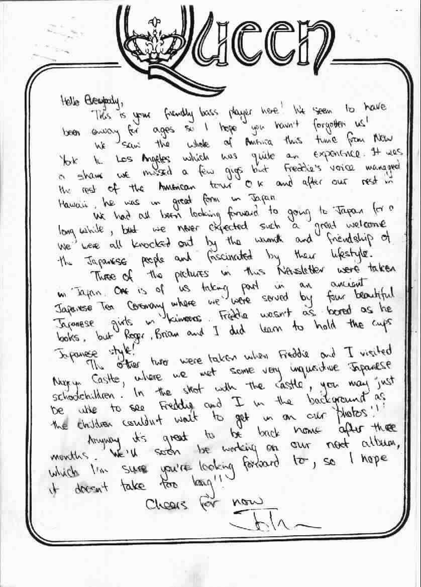 J.Deacon letter, Queen newsletter 1975